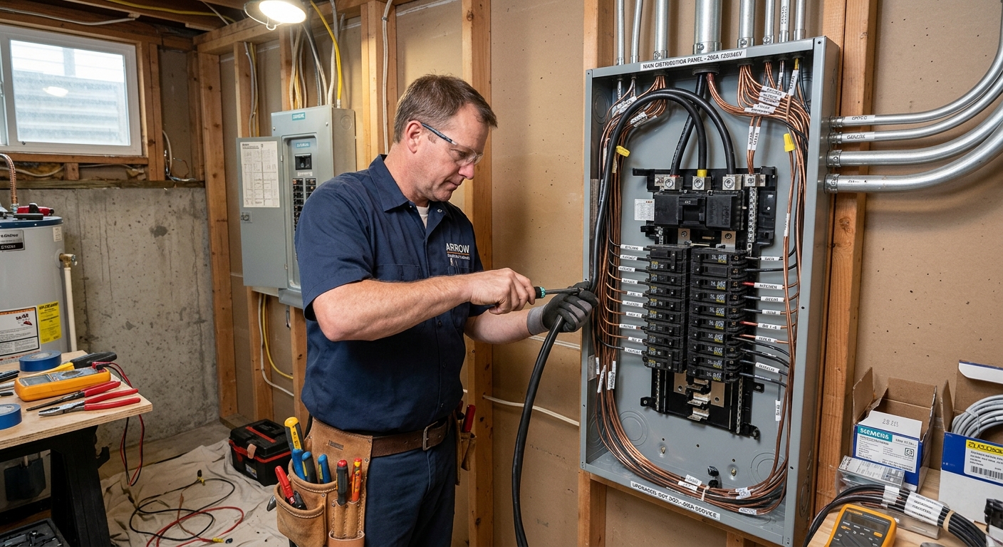 Professional technician installing a circuit breaker box during an electrical panel upgrade service in Linthicum, MD.
